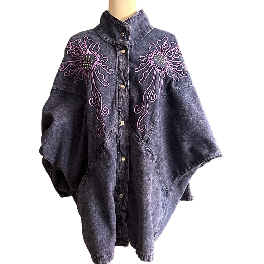 Vintage Pado California‎ Purple Acid Wash Denim Jacket Batwing Embroidered L